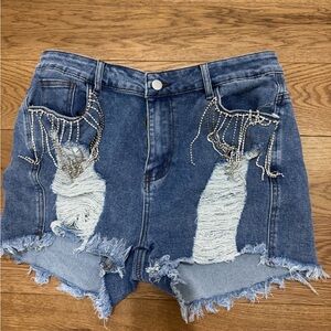 Chic Frayed Denim Shorts with rhinestone Chain Details